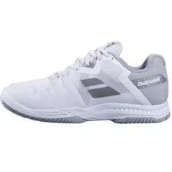 Babolat Women’s SFX3 All Court Tennis Shoes (White/Silver) -Tecnifibre Shop 31S22530 1019 babolat SFX3 womens all court shoes clear white silver left 1000 1000